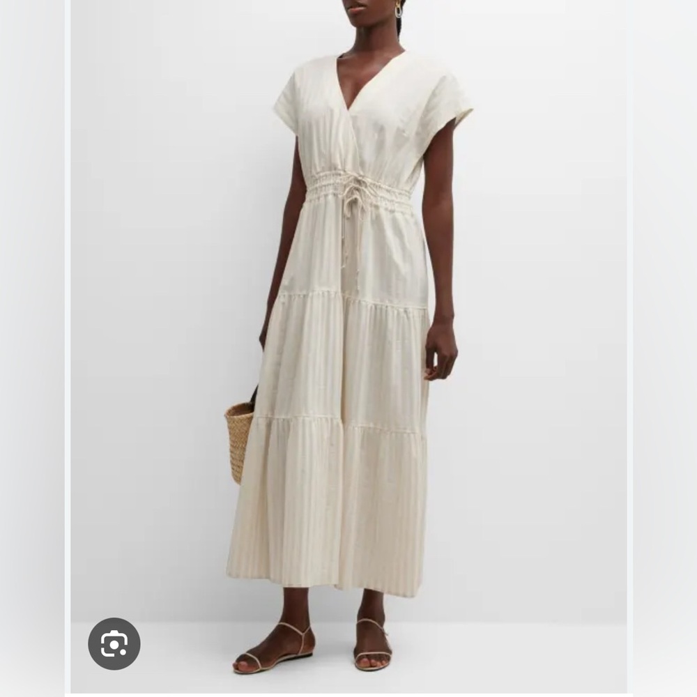 FINLEY Women Tiered Striped Drawstring Maxi Dress Woven Natural White Tan Stripe